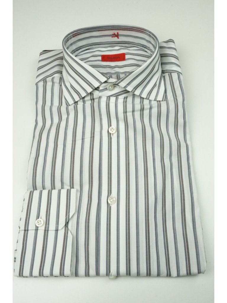 Isaia Gray Blue Wine Red Striped Long Sleeve Cotton Dress Shirt 15.5/39 New